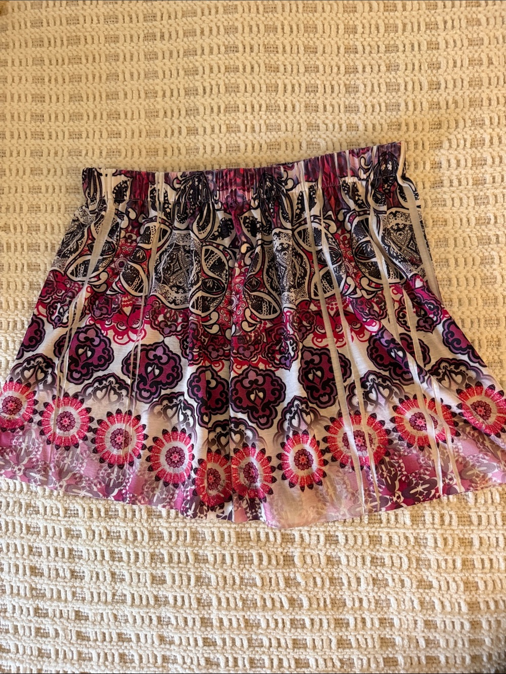 Boho Medallion Print Pleated Mini Skirt Women’s M Pink Purple Black